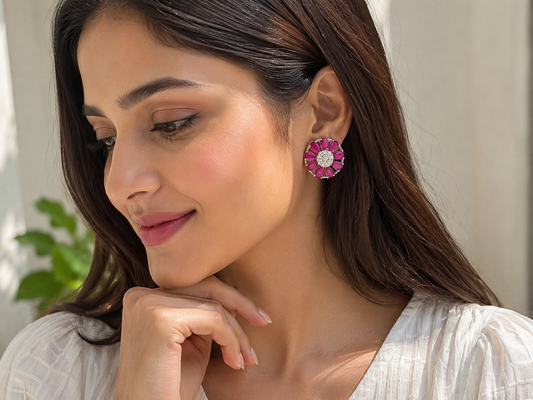 Silver Ruby Pink Petal Stud Earrings