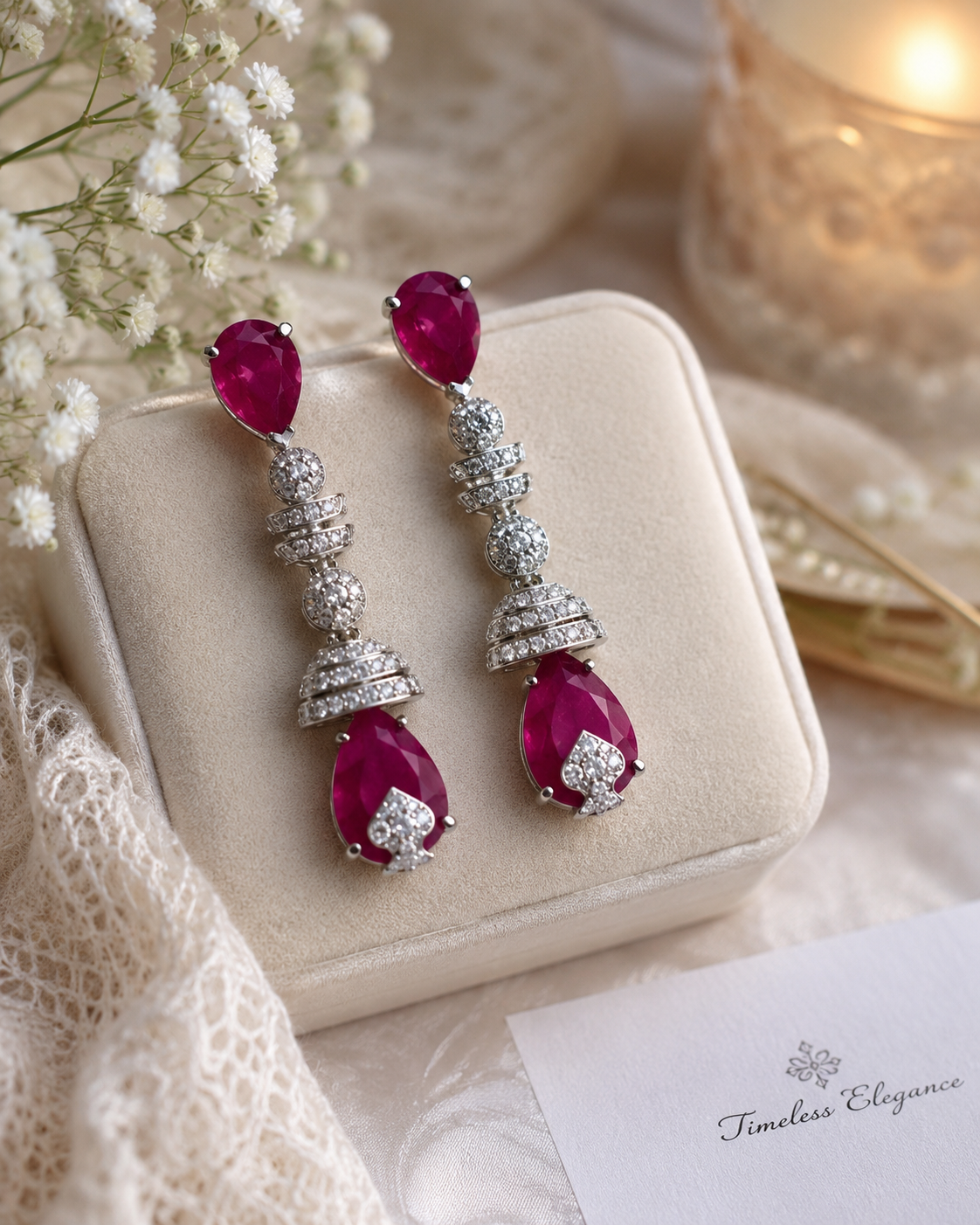 Silver-tone hoop earrings with Ruby pink stones.