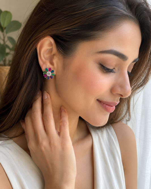 Silver Multi Color Pink Petal Stud Earrings