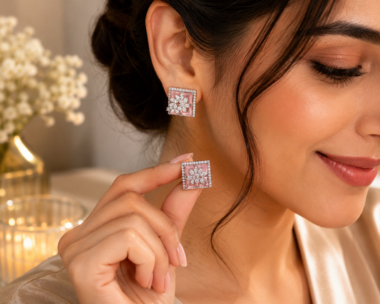 Silver Blush Pink  Royal Spark Square Studs