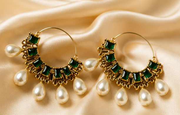 Emerald Pearl Hoop Statement Earrings