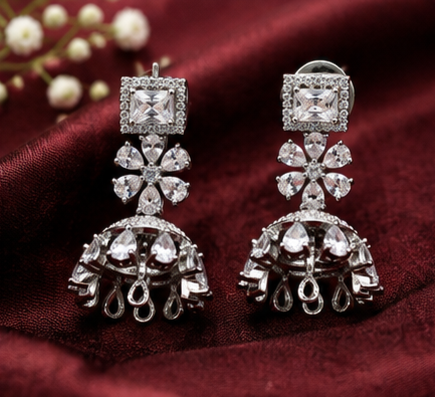 Silver Royal Jhumka Crystal Drop Earrings