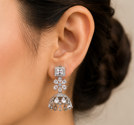 Silver Royal Jhumka Crystal Drop Earrings