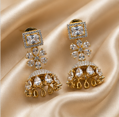 Gold Royal Jhumka Crystal Drop Earrings