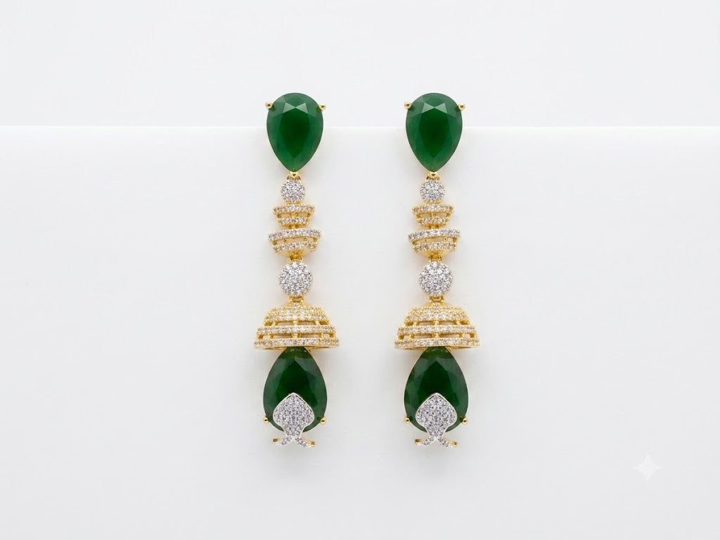 Gold-tone hoop earrings with green tones stones