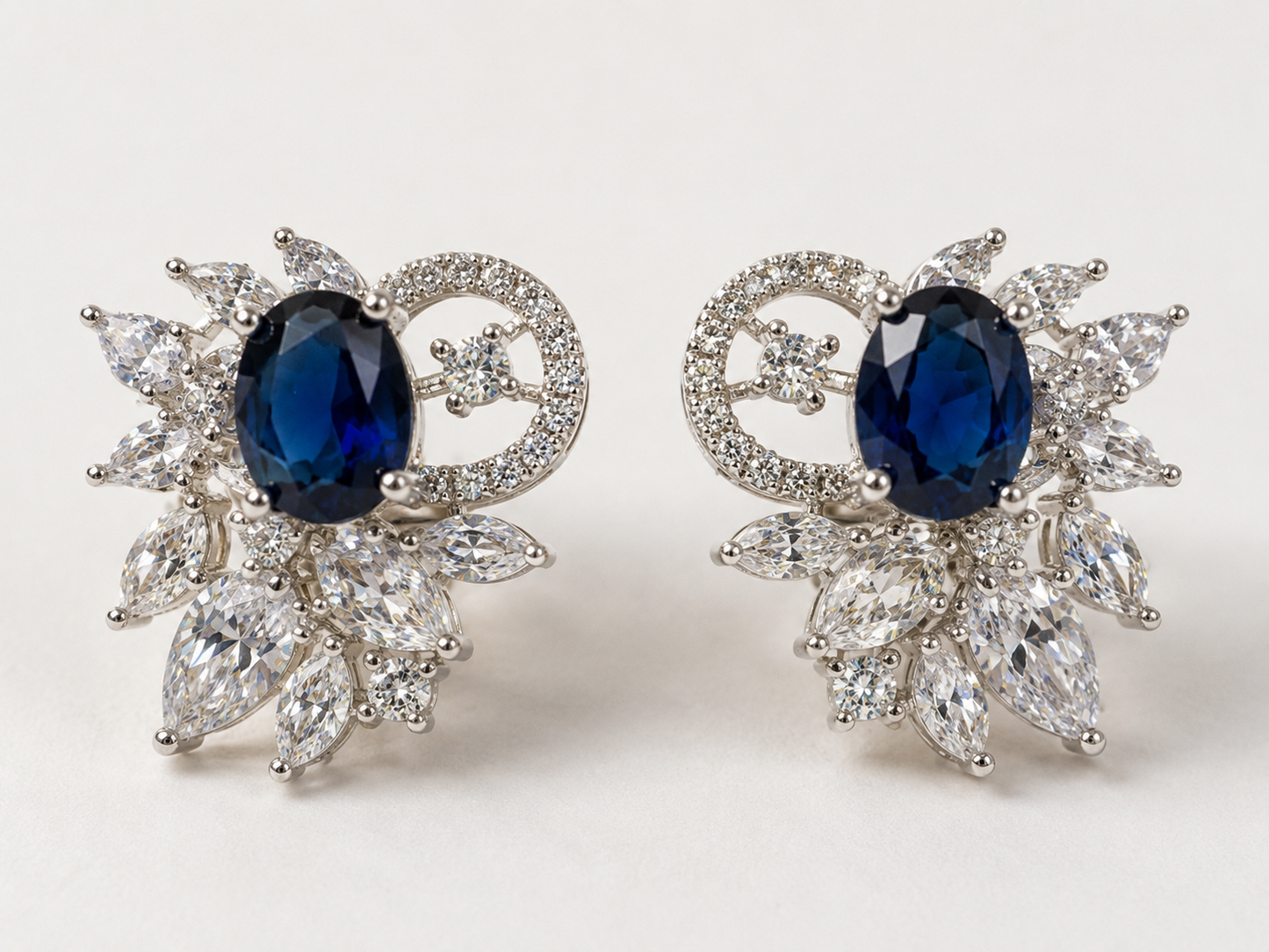 Silver Tone Blue Crystal Floral Stud Earrings