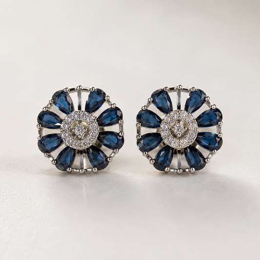 Silver Blue Petal Stud Earrings