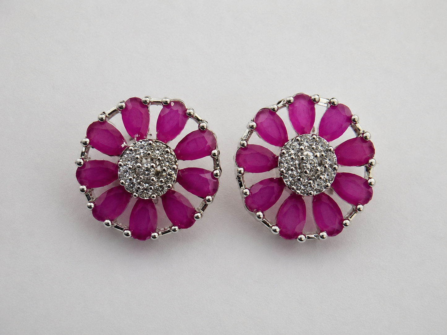 Silver Ruby Pink Petal Stud Earrings