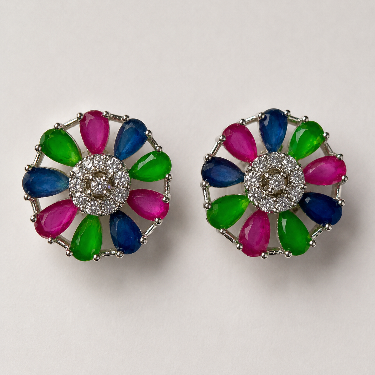 Silver Multi Color Pink Petal Stud Earrings