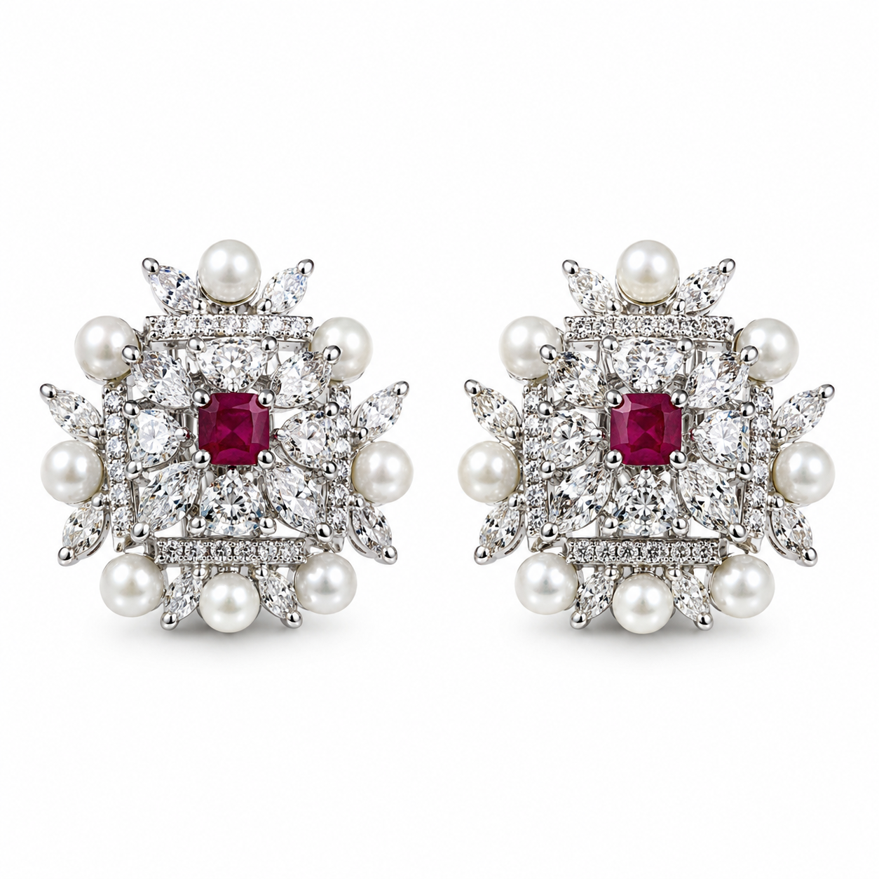 Silver Ruby Pink Imperial Pearl Sparkle Studs