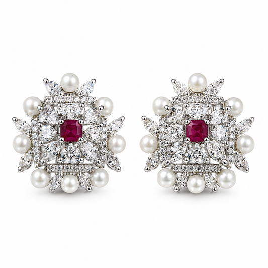 Silver Ruby Pink Imperial Pearl Sparkle Studs
