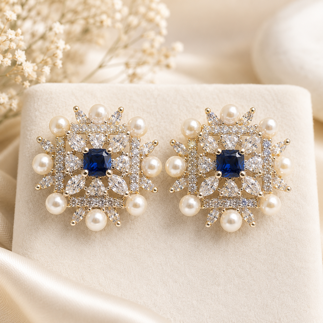 Gold Blue Imperial Pearl Sparkle Studs
