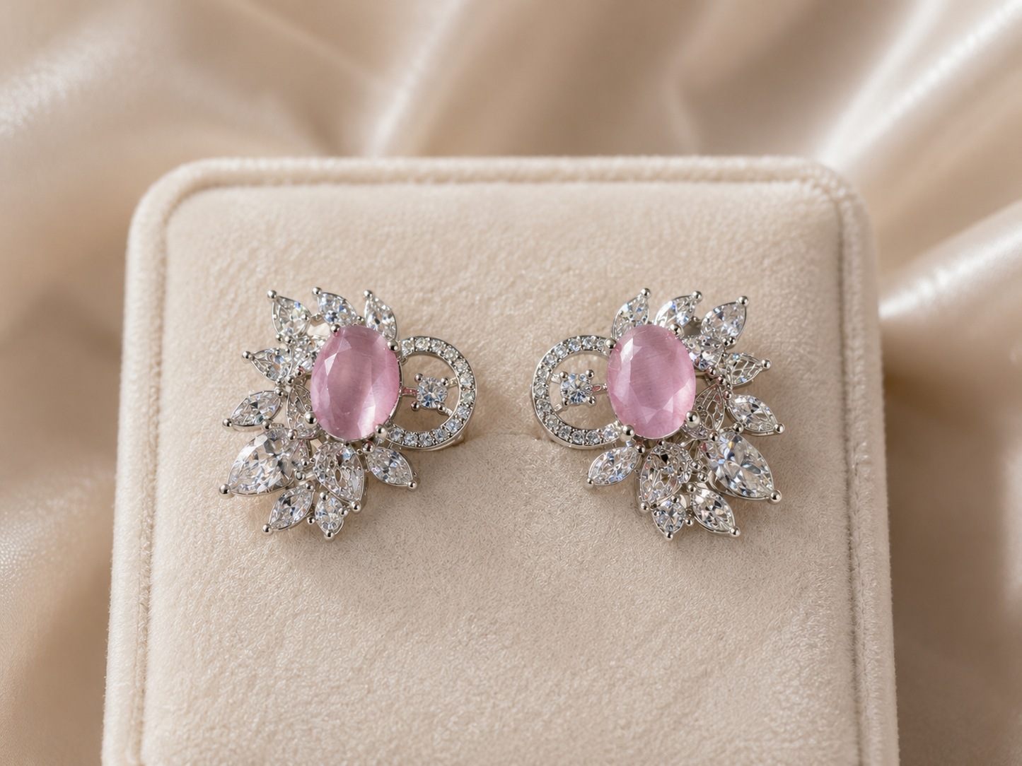 Silver Tone Blush Pink Crystal Floral Stud Earrings