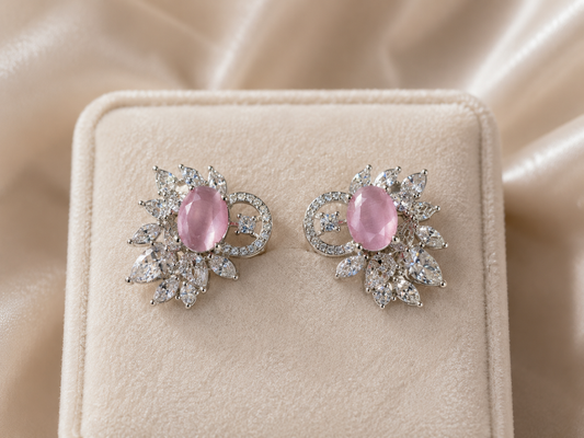 Silver Tone Blush Pink Crystal Floral Stud Earrings