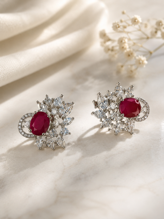 Silver Tone Ruby Pink Crystal Floral Stud Earrings