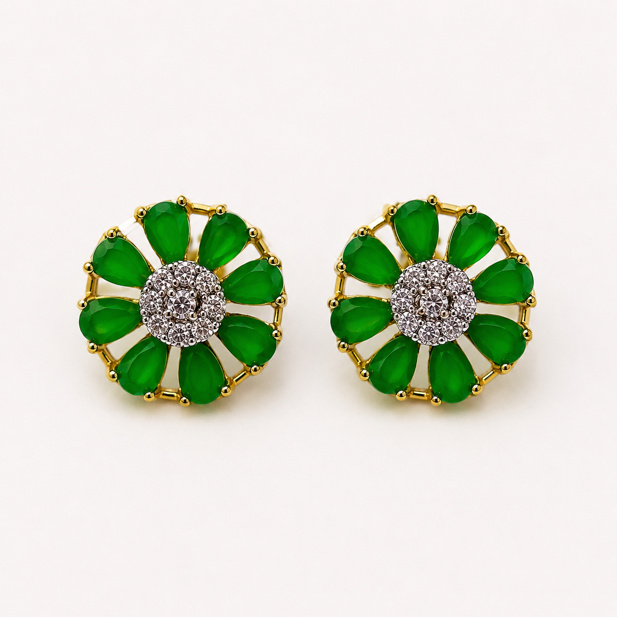 Gold Green Petal Stud Earrings