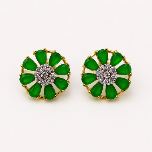 Gold Green Petal Stud Earrings