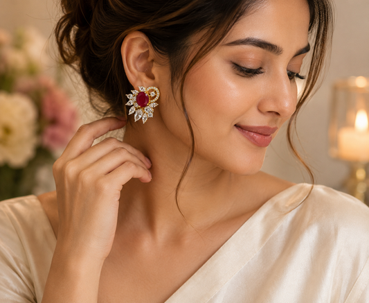 Gold Tone Ruby Pink Crystal Floral Stud Earrings