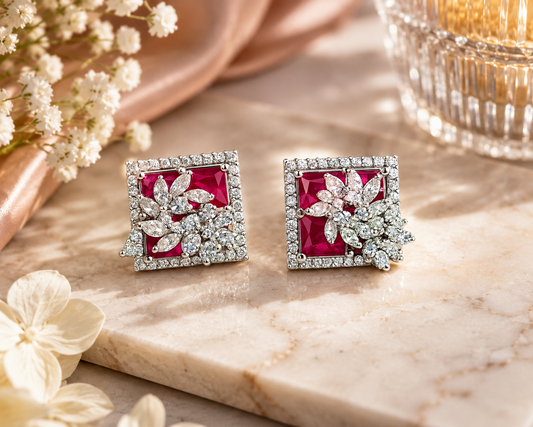 Silver Ruby Pink Royal Spark Square Studs