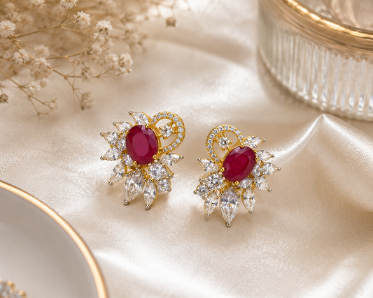 Gold Tone Ruby Pink Crystal Floral Stud Earrings