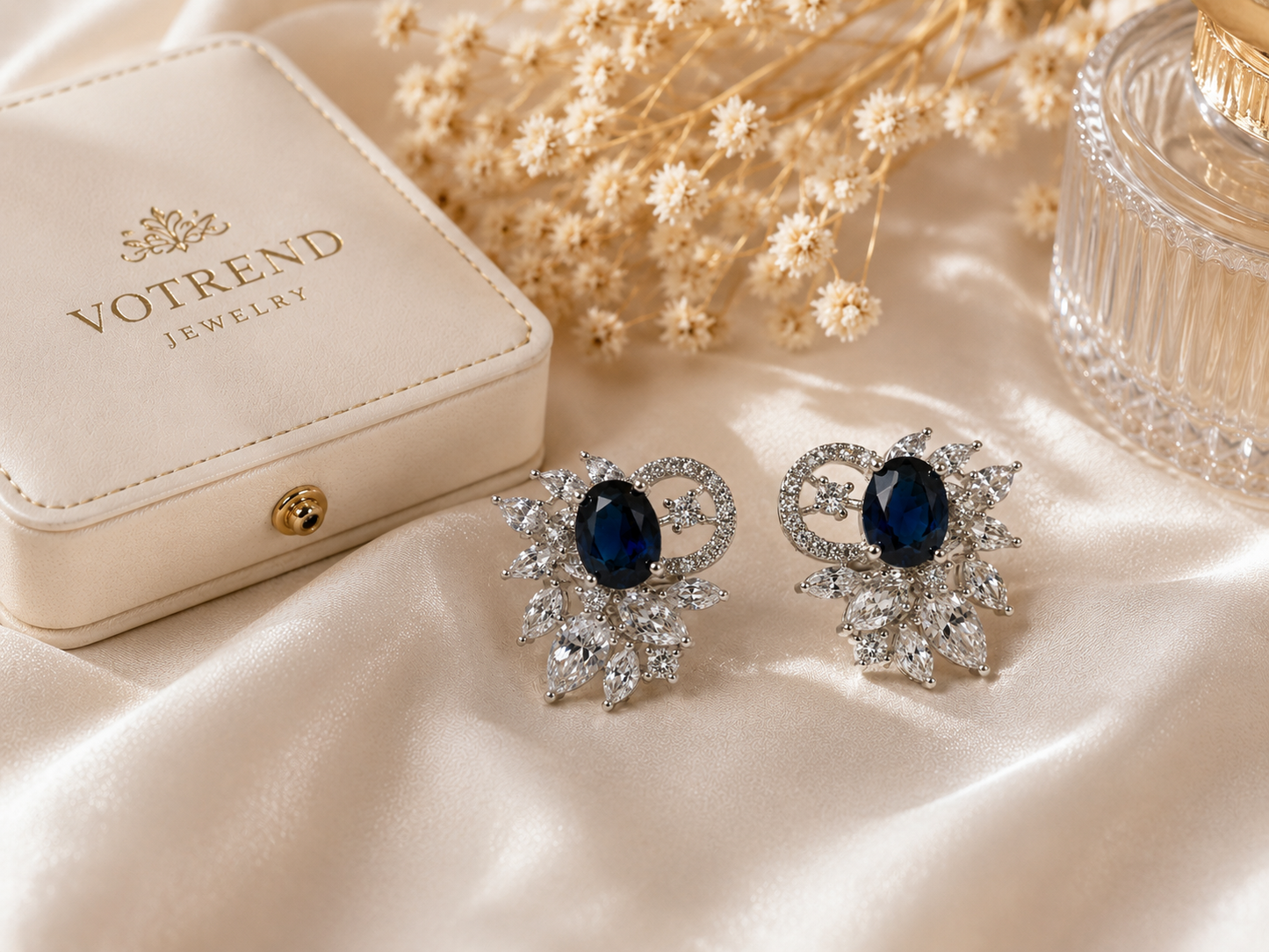 Silver Tone Blue Crystal Floral Stud Earrings
