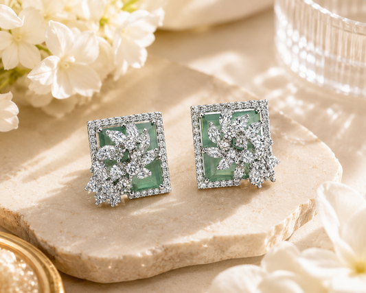 Silver Emerald Green Royal Spark Square Studs