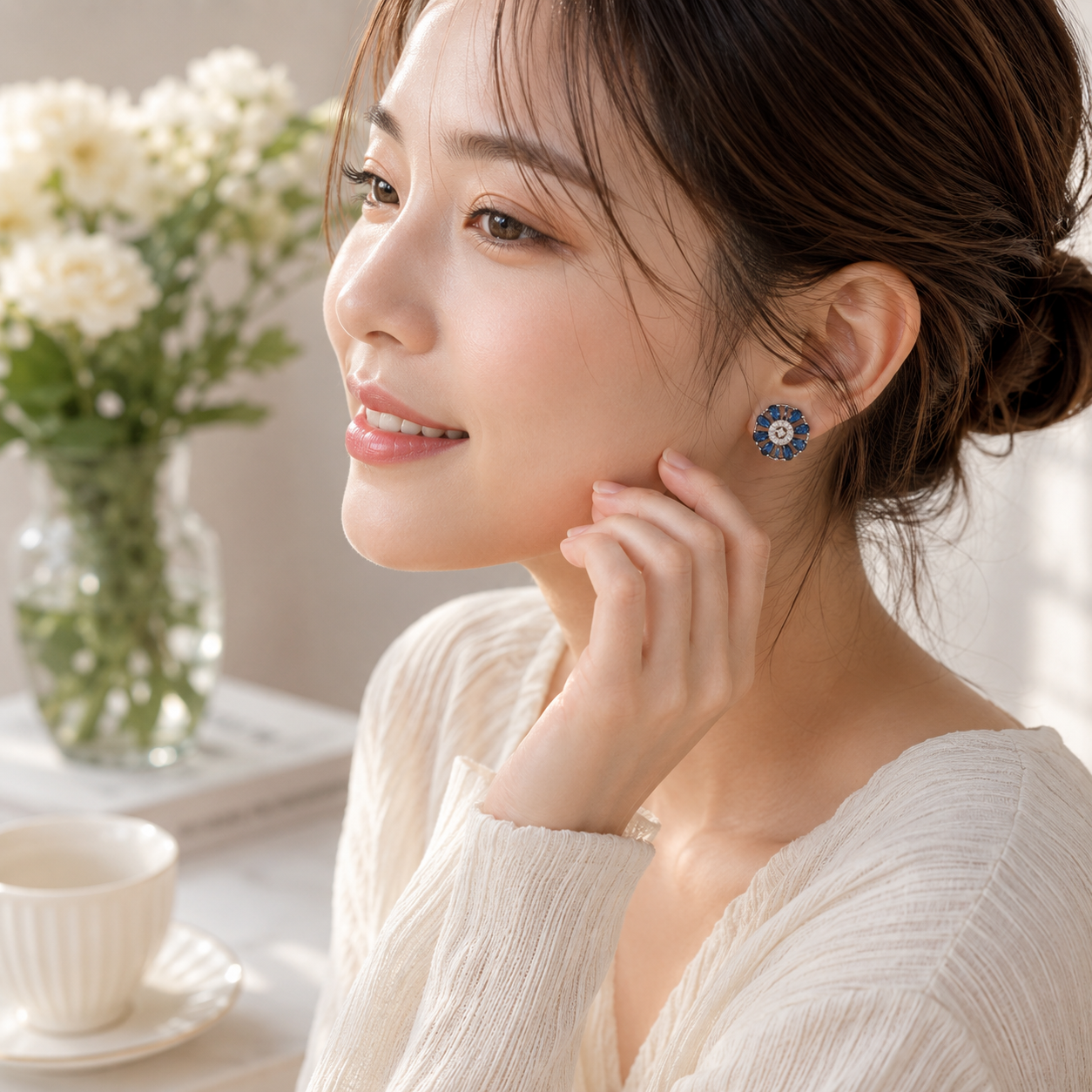 Silver Blue Petal Stud Earrings