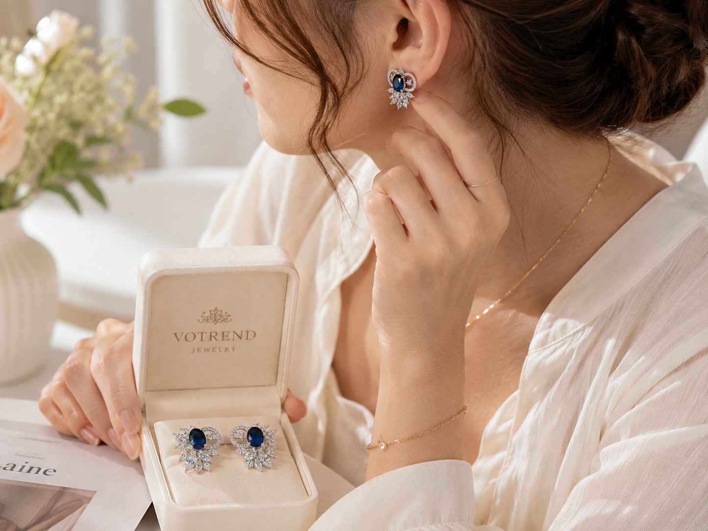 Silver Tone Blue Crystal Floral Stud Earrings