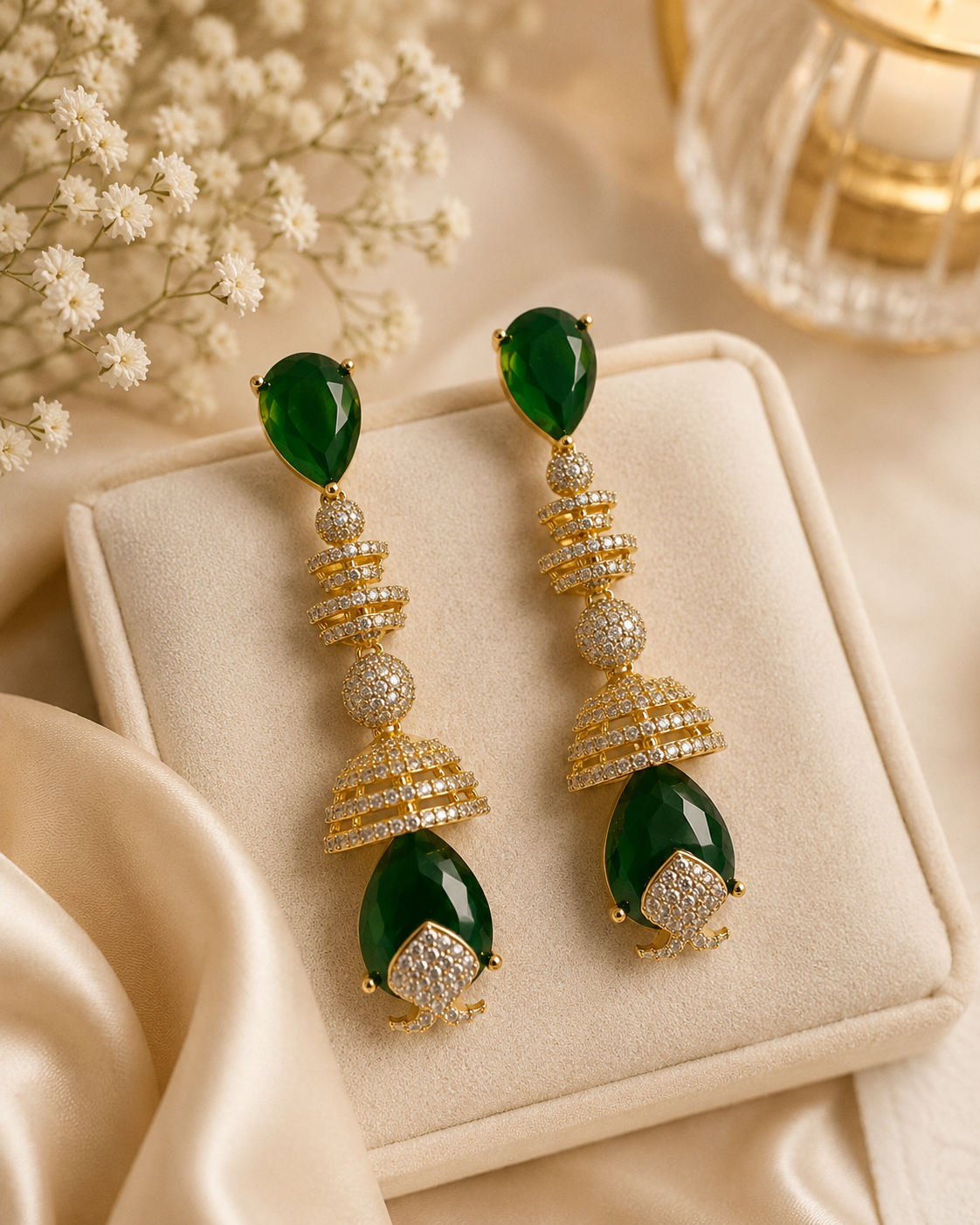 Gold-tone hoop earrings with green tones stones