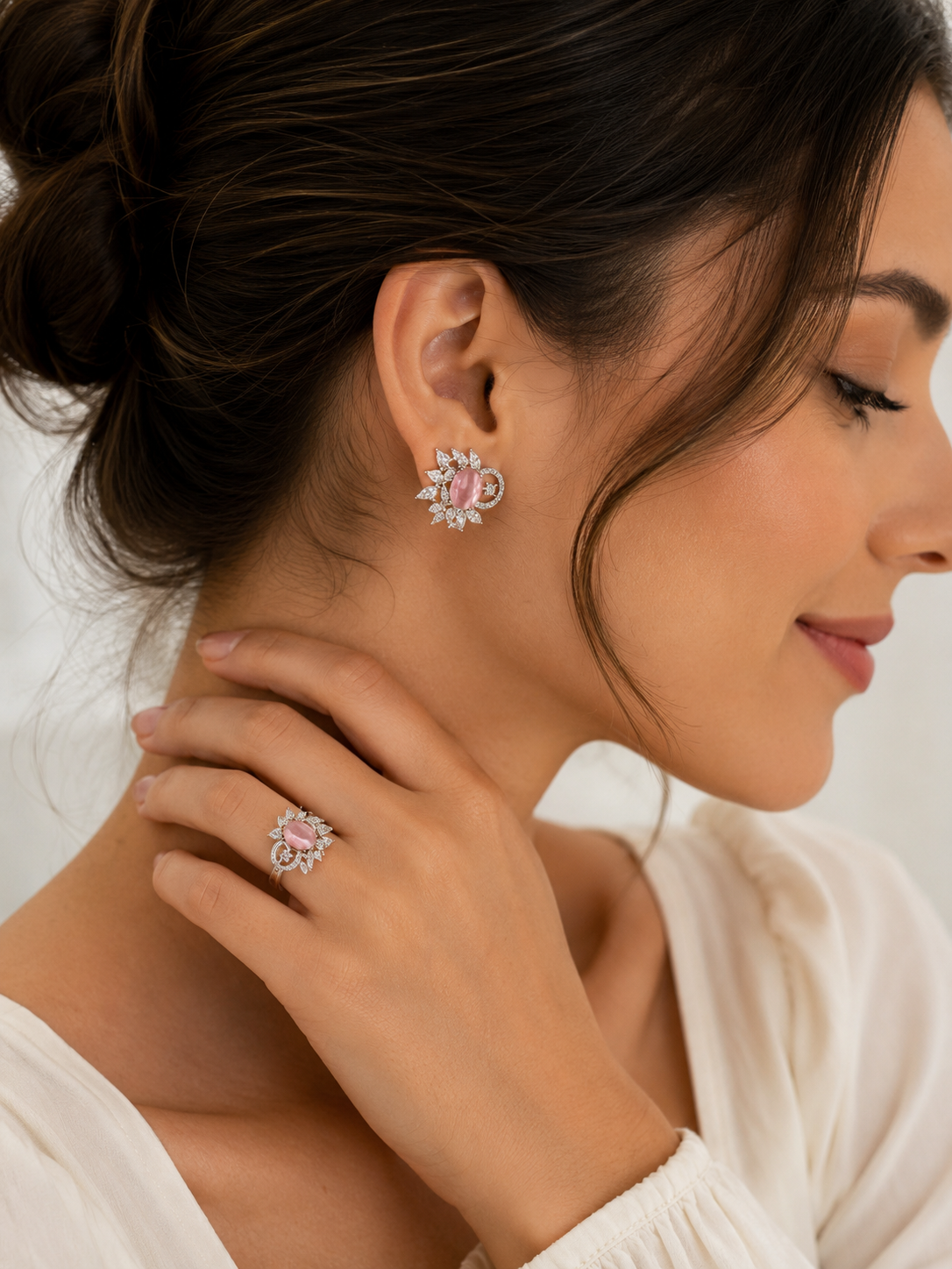 Silver Tone Blush Pink Crystal Floral Stud Earrings