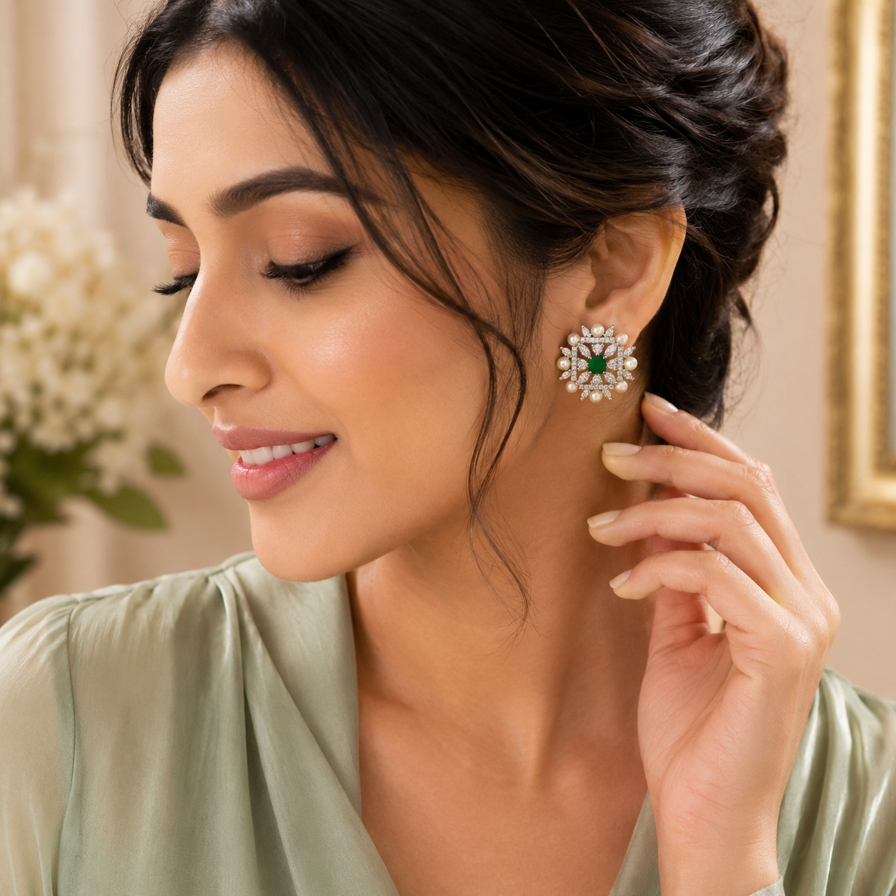 Silver Green Imperial Pearl Sparkle Studs