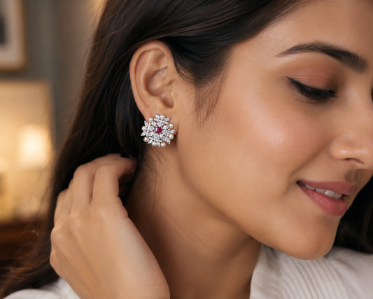 Silver Ruby Pink Imperial Pearl Sparkle Studs
