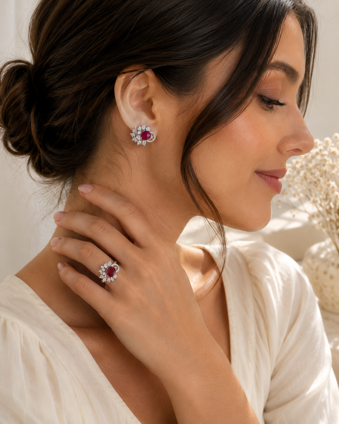 Silver Tone Ruby Pink Crystal Floral Stud Earrings