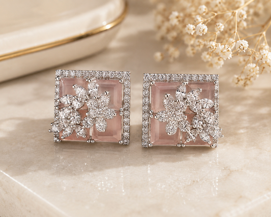 Silver Blush Pink  Royal Spark Square Studs