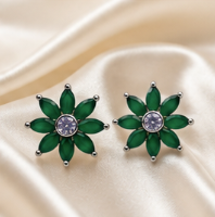 Silver Green Blossom Stud Earrings