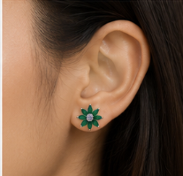 Silver Green Blossom Stud Earrings