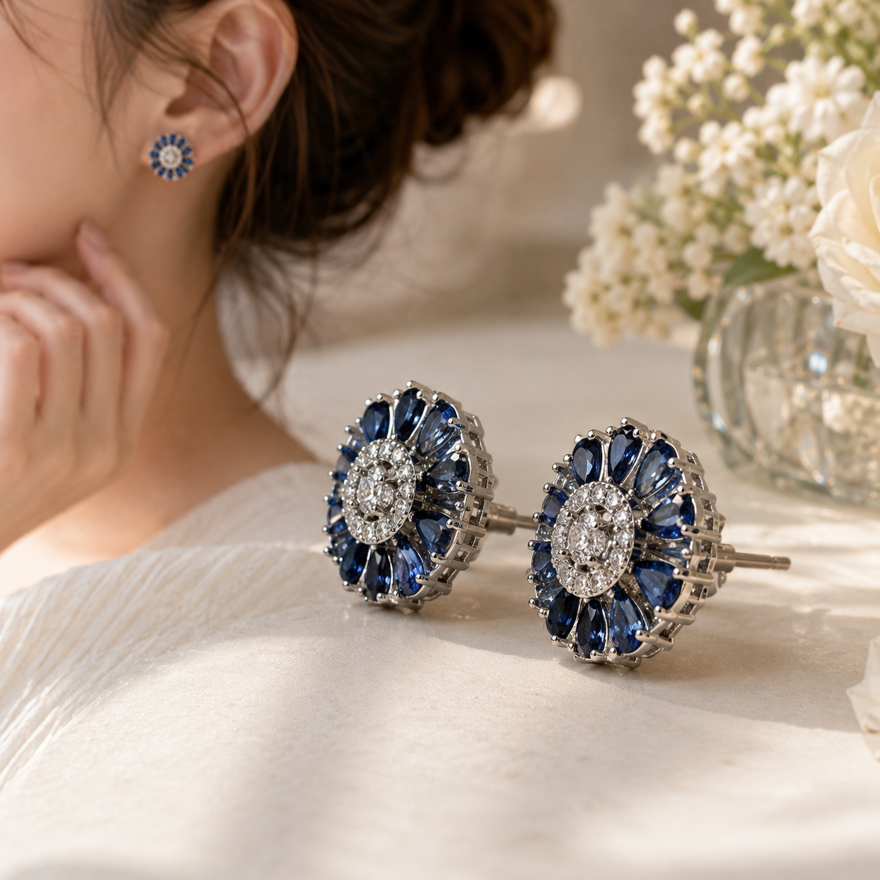 Silver Blue Petal Stud Earrings