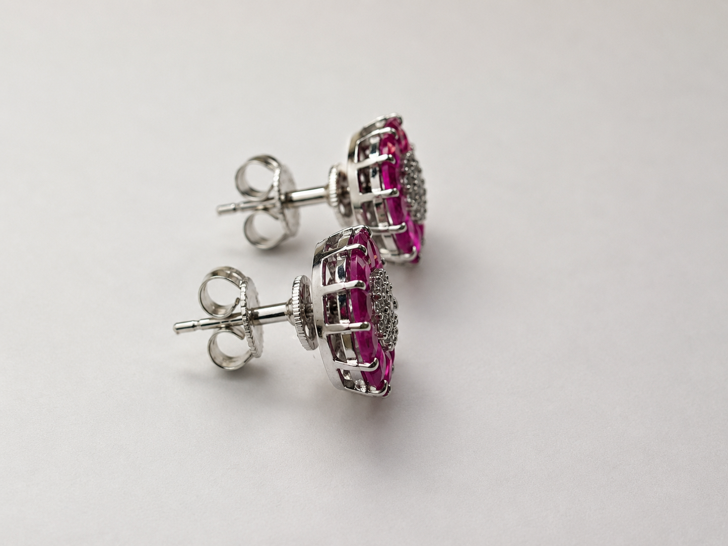 Silver Ruby Pink Petal Stud Earrings