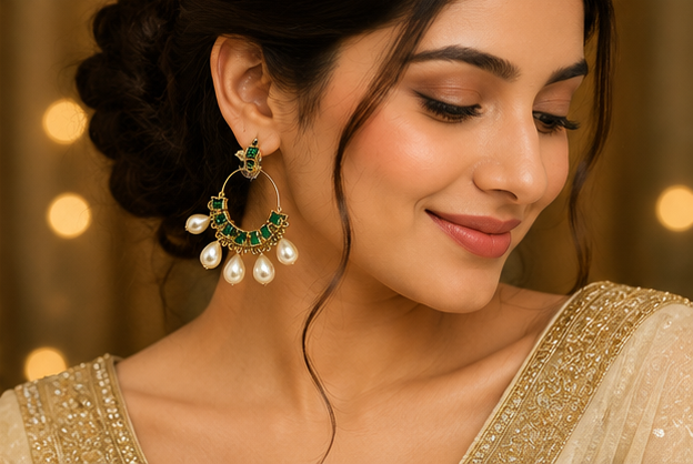 Emerald Pearl Hoop Statement Earrings - Image 2