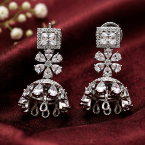 Silver Royal Jhumka Crystal Drop Earrings