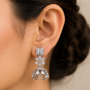 Silver Royal Jhumka Crystal Drop Earrings