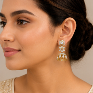 Gold Royal Jhumka Crystal Drop Earrings
