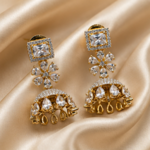 Gold Royal Jhumka Crystal Drop Earrings