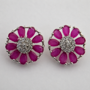 Silver Ruby Pink Petal Stud Earrings