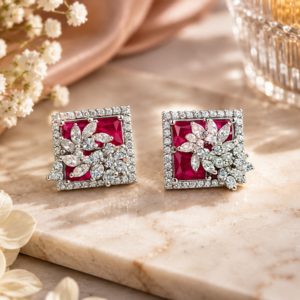 Silver Ruby Pink Royal Spark Square Studs