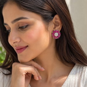 Silver Ruby Pink Petal Stud Earrings
