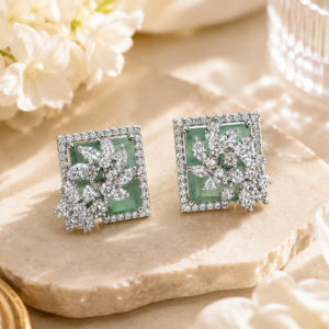 Silver Emerald Green Royal Spark Square Studs