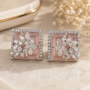 Silver Blush Pink  Royal Spark Square Studs