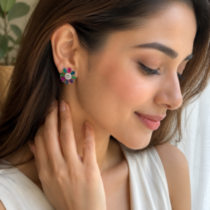 Silver Multi Color Pink Petal Stud Earrings