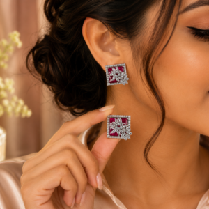 Silver Ruby Pink Royal Spark Square Studs